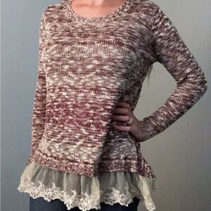 Rewind Women's Marled Knit Sweater with Lace Hem